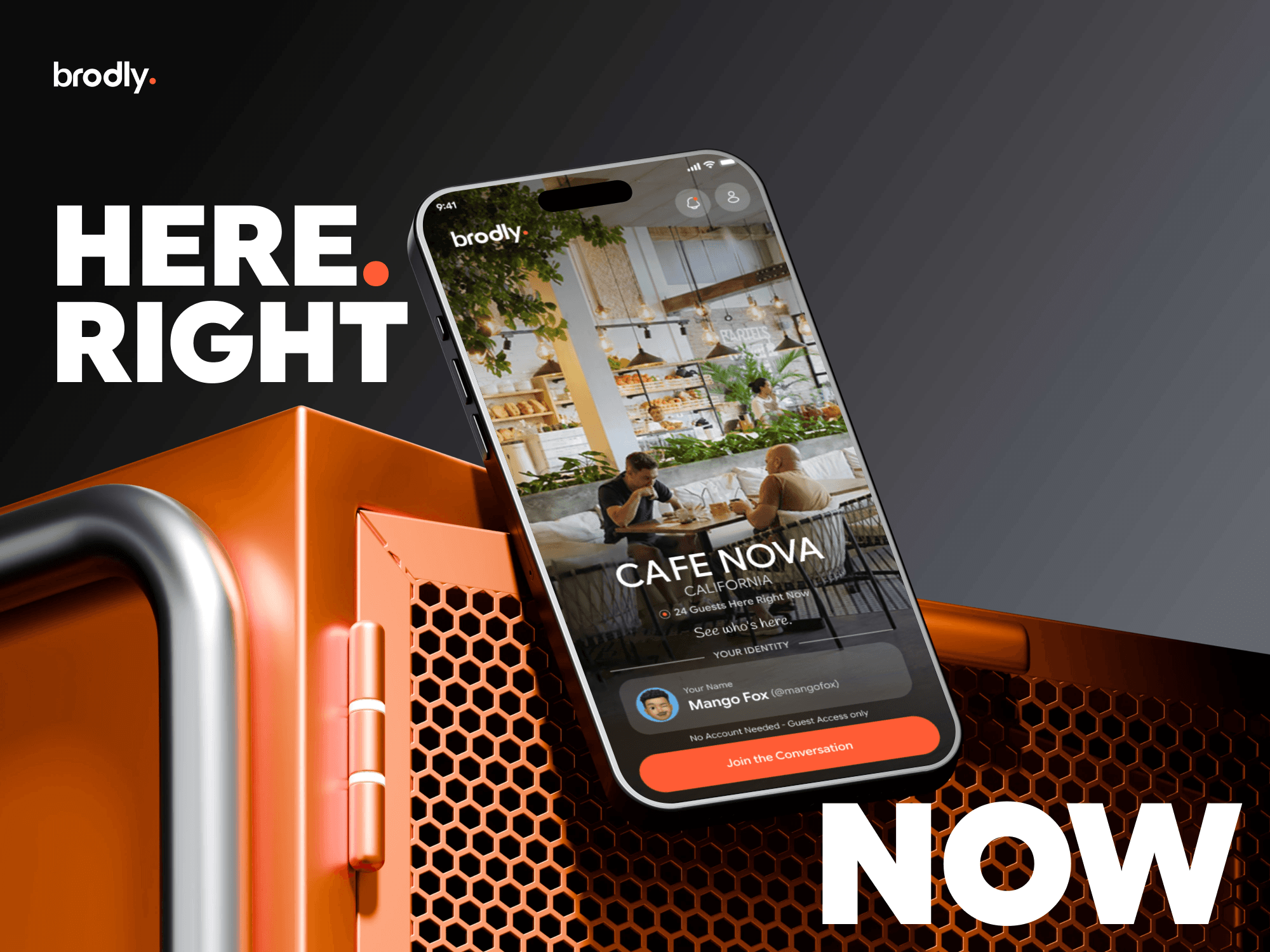 Brodly guest entry screen for Cafe Nova with live guest count, temporary guest identity, and Join the Conversation