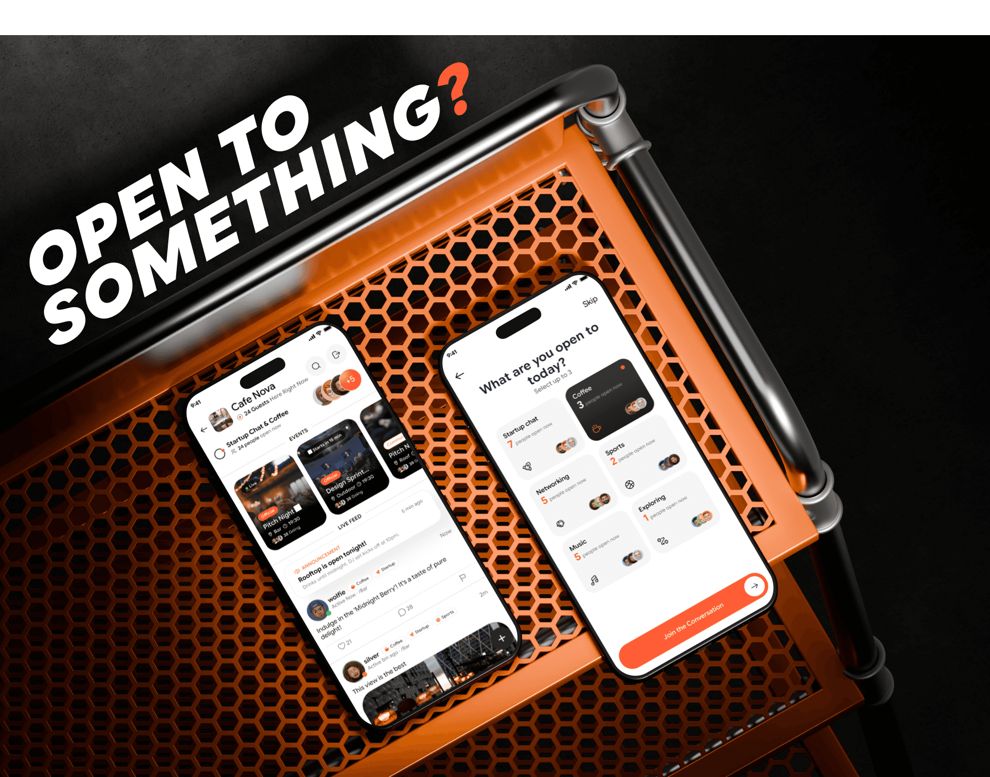 Two Brodly phones showing Cafe Nova live feed with events and Open To interest selection