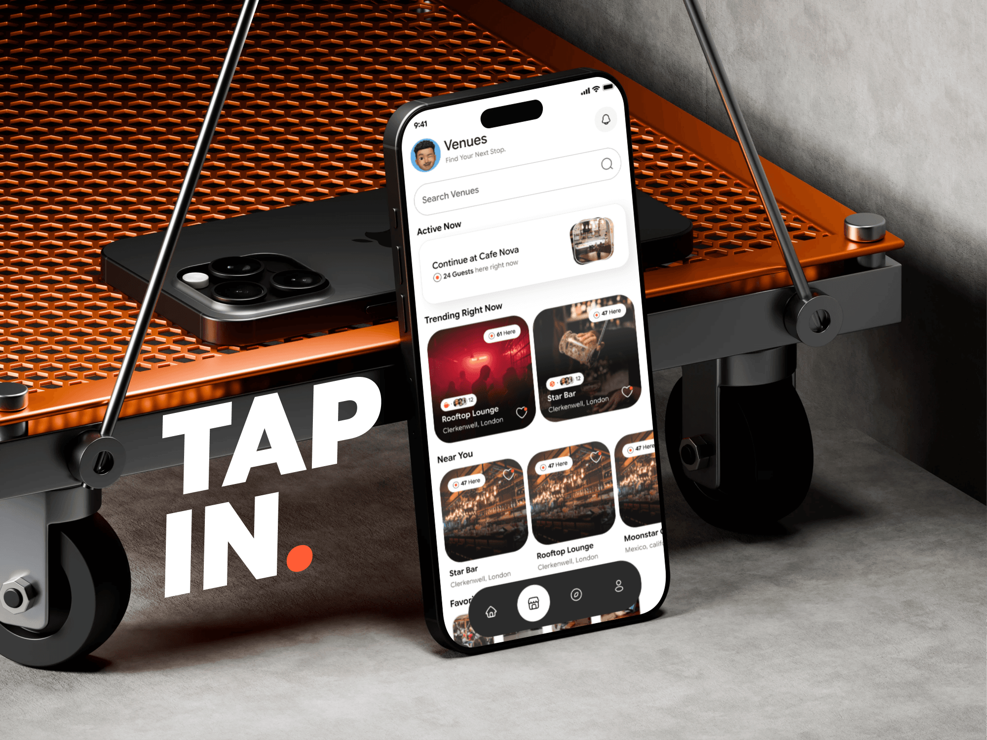 Brodly venues home screen with search, Active Now, Trending Right Now, and Near You venue cards