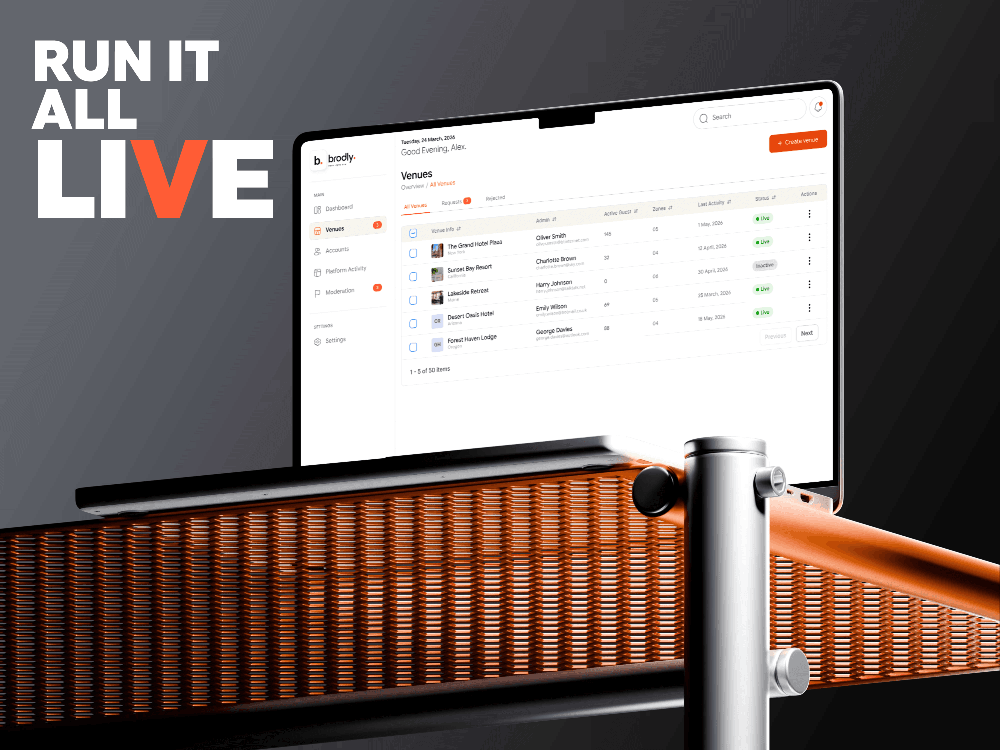 Brodly admin venues table on a laptop with live guest counts, zones, status, and moderation navigation