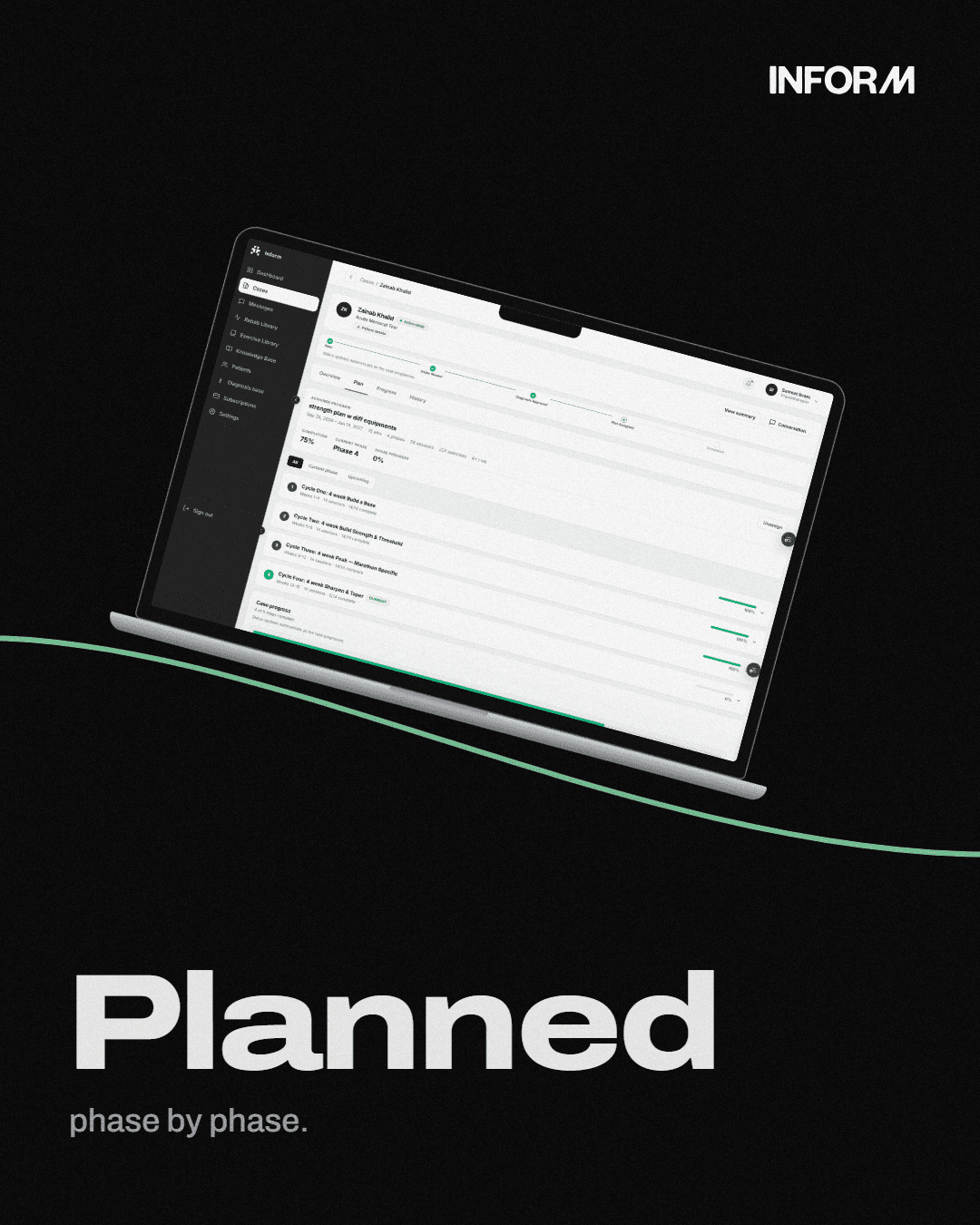 Inform rehabilitation plan screen showing phase-by-phase recovery planning
