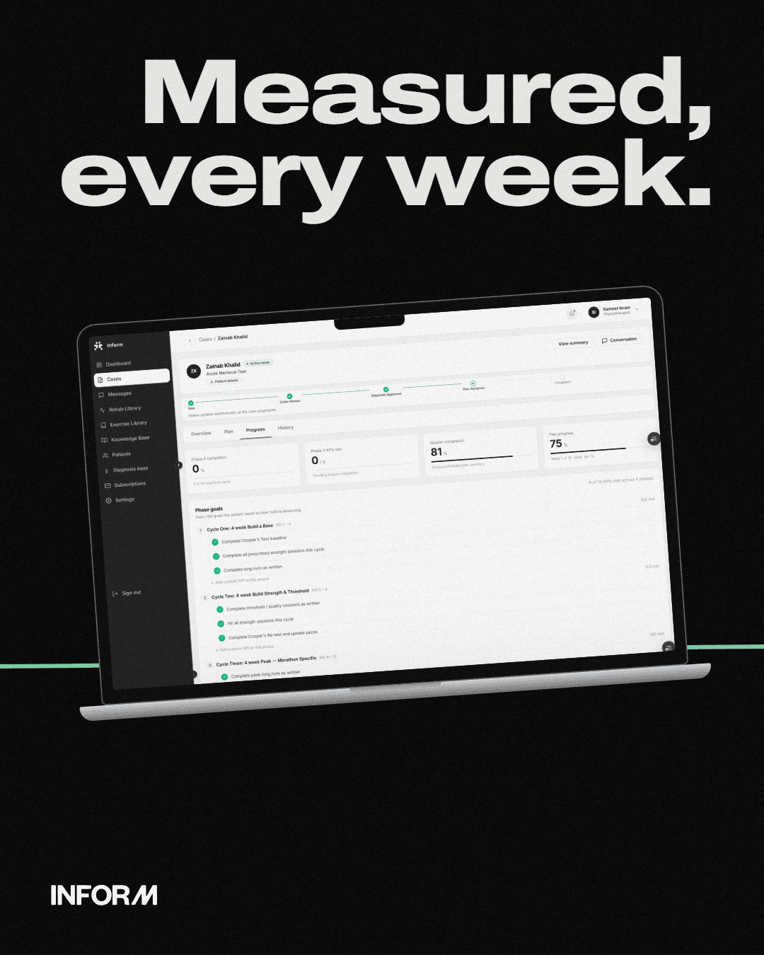 Inform weekly progress measurement screen with outcome tracking