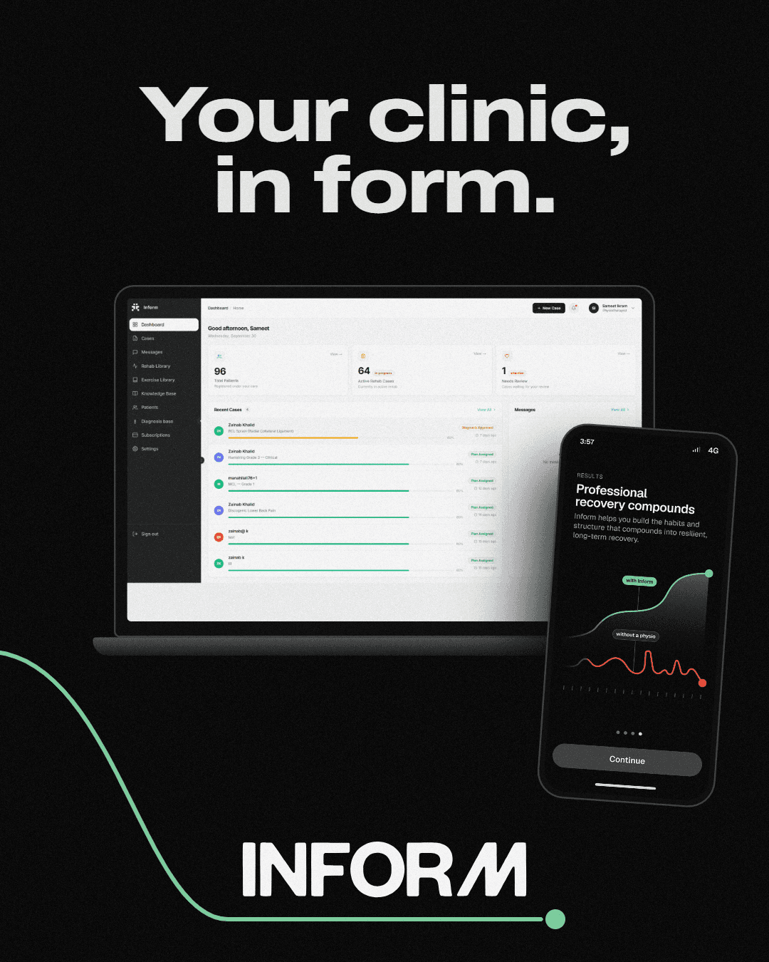 Inform physiotherapy clinic dashboard and patient recovery progress on web and mobile
