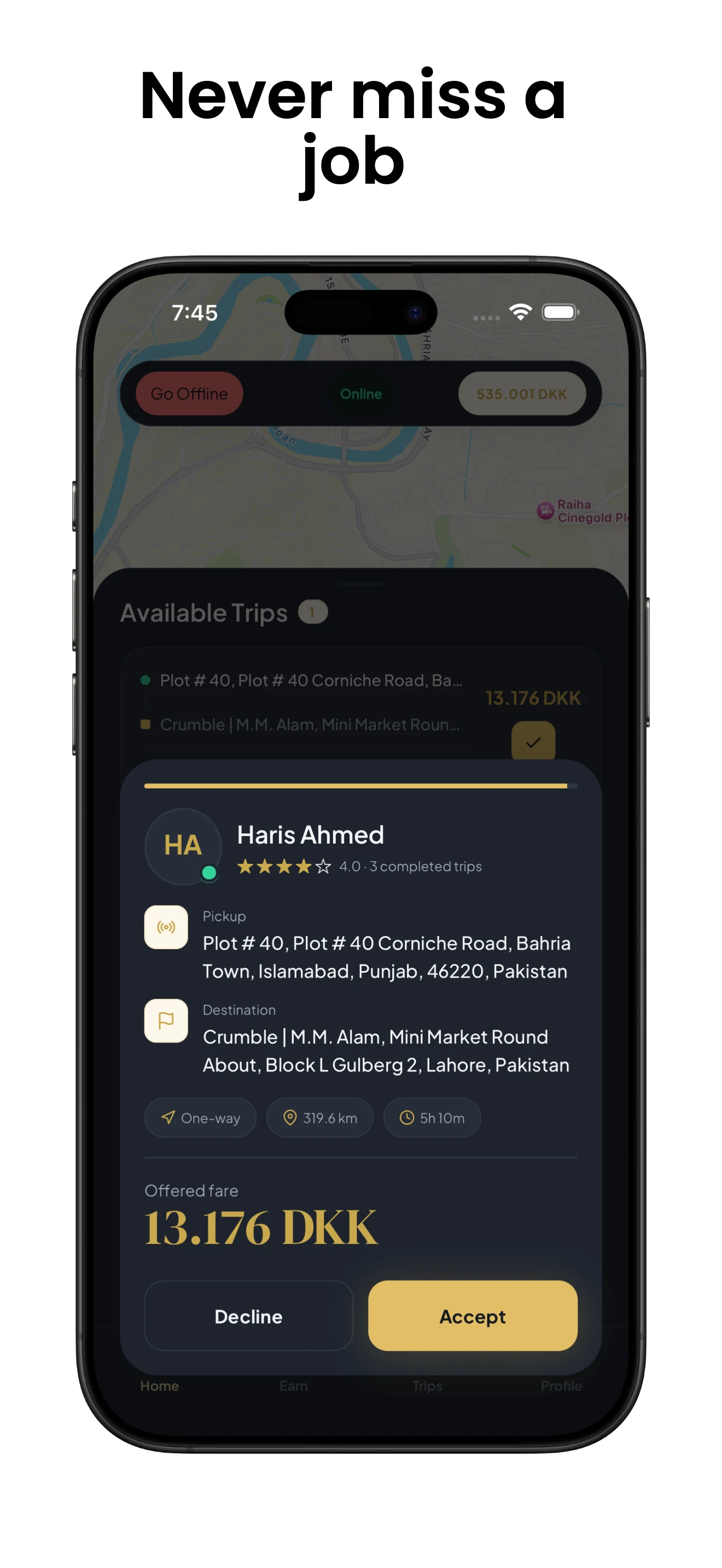 DriverHub incoming request for an online driver