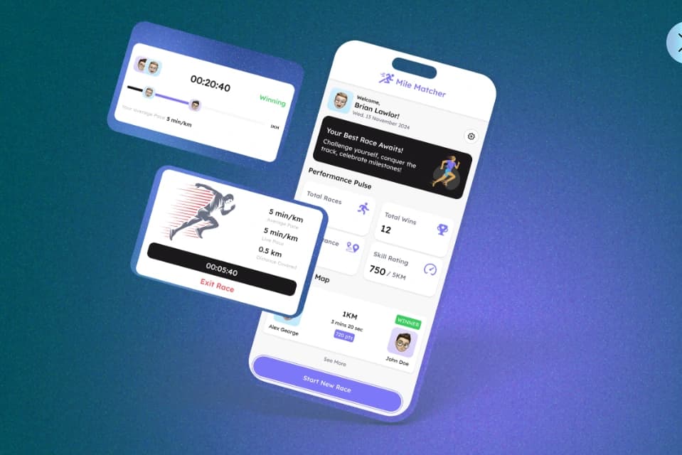 Mile Matcher realtime race screen with pace, distance, and elapsed time