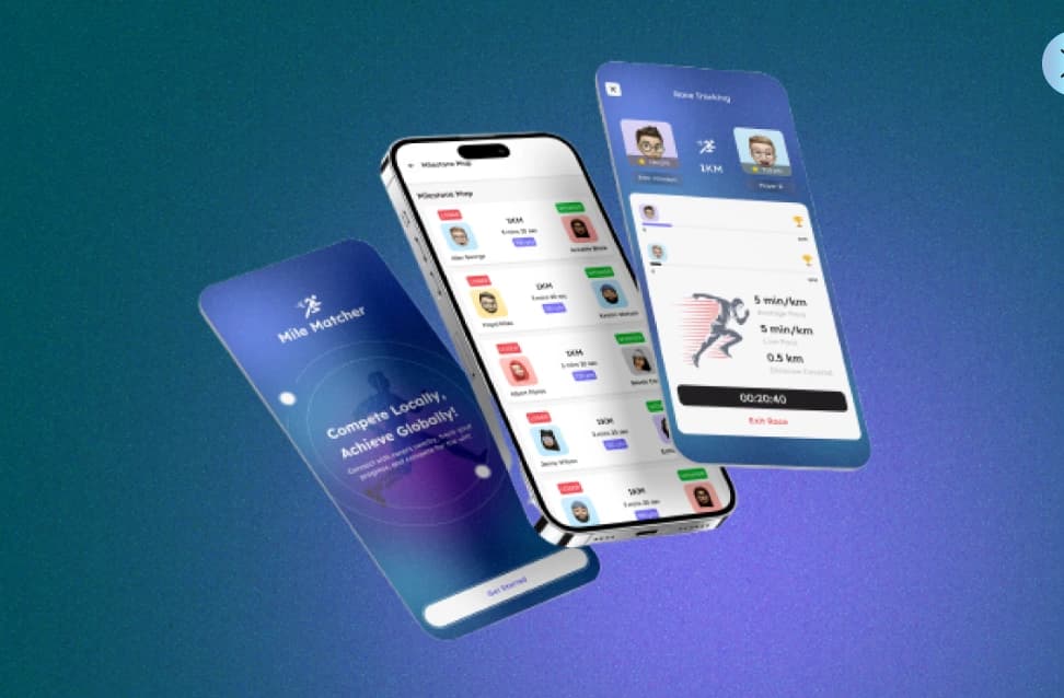 Mile Matcher app screens floating over a blue and violet running-themed background