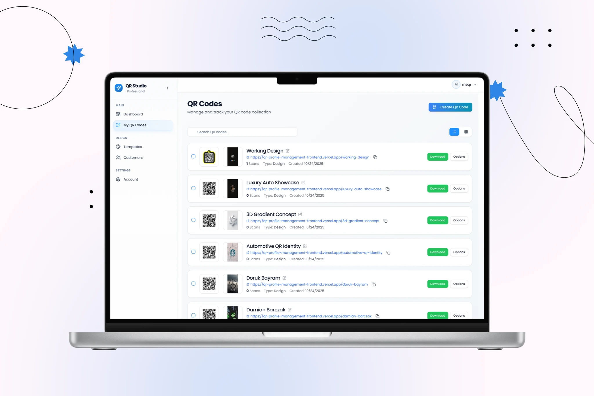 TapNFC QR code management list with download and editing actions
