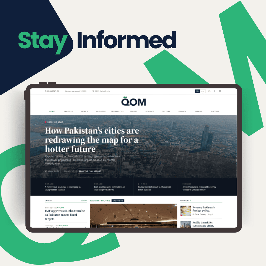 QOM News bilingual digital publication displayed on a desktop screen