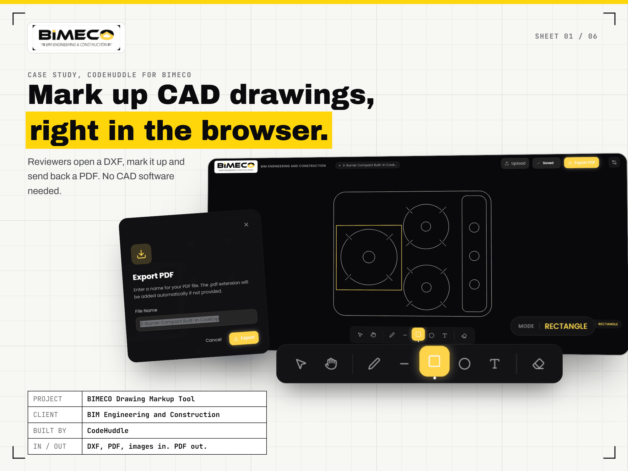 BIMECO Markup Tool product overview showing CAD markup workspace on a laptop