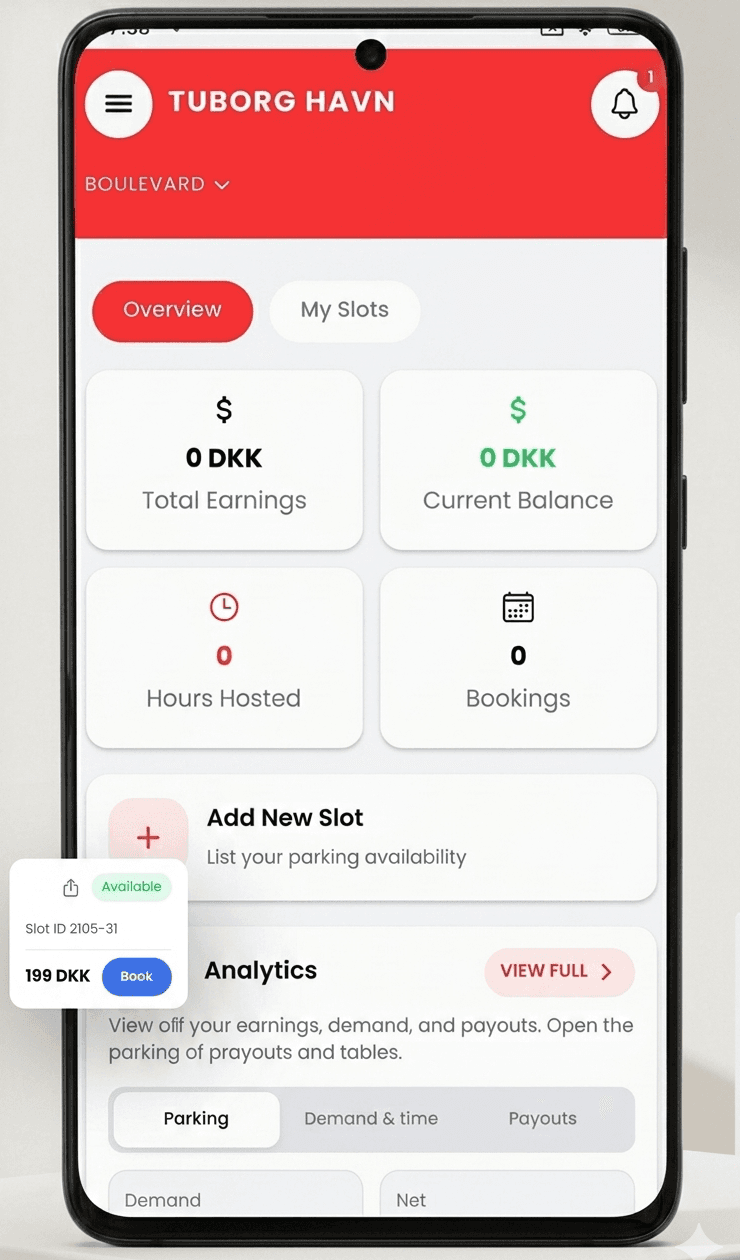 ParkingHub mobile app showing parking search and booking history for renters