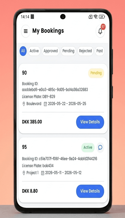 ParkingHub mobile app showing slot management and payouts for vendors