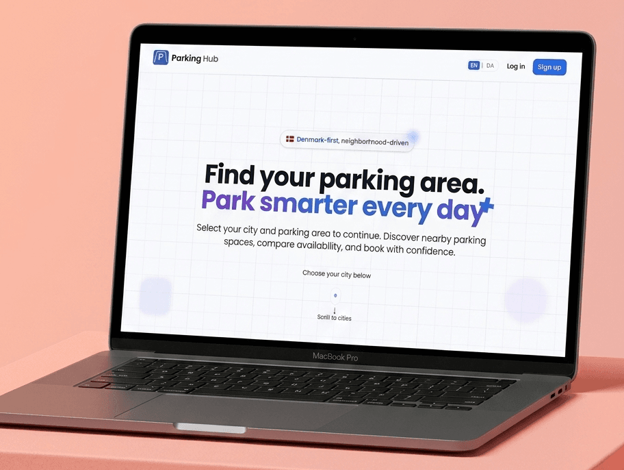 ParkingHub landing page with location-first parking area discovery across Denmark