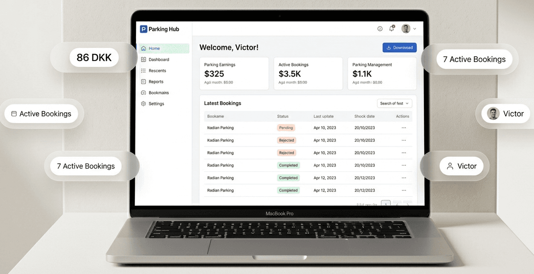ParkingHub web renter interface showing parking search and available spots