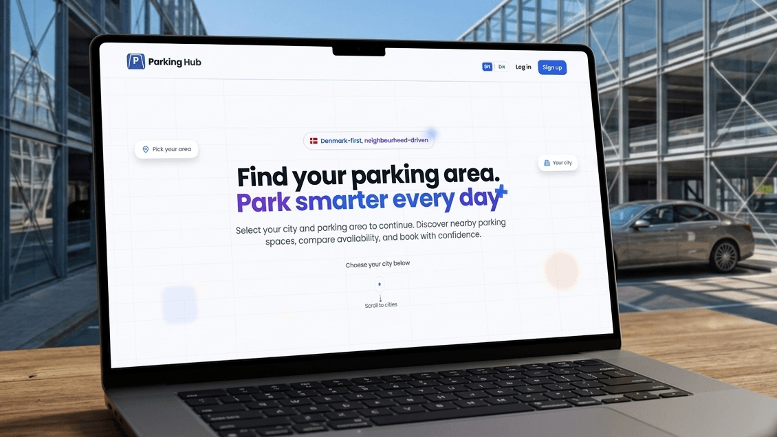 ParkingHub web platform showing parking area discovery and booking