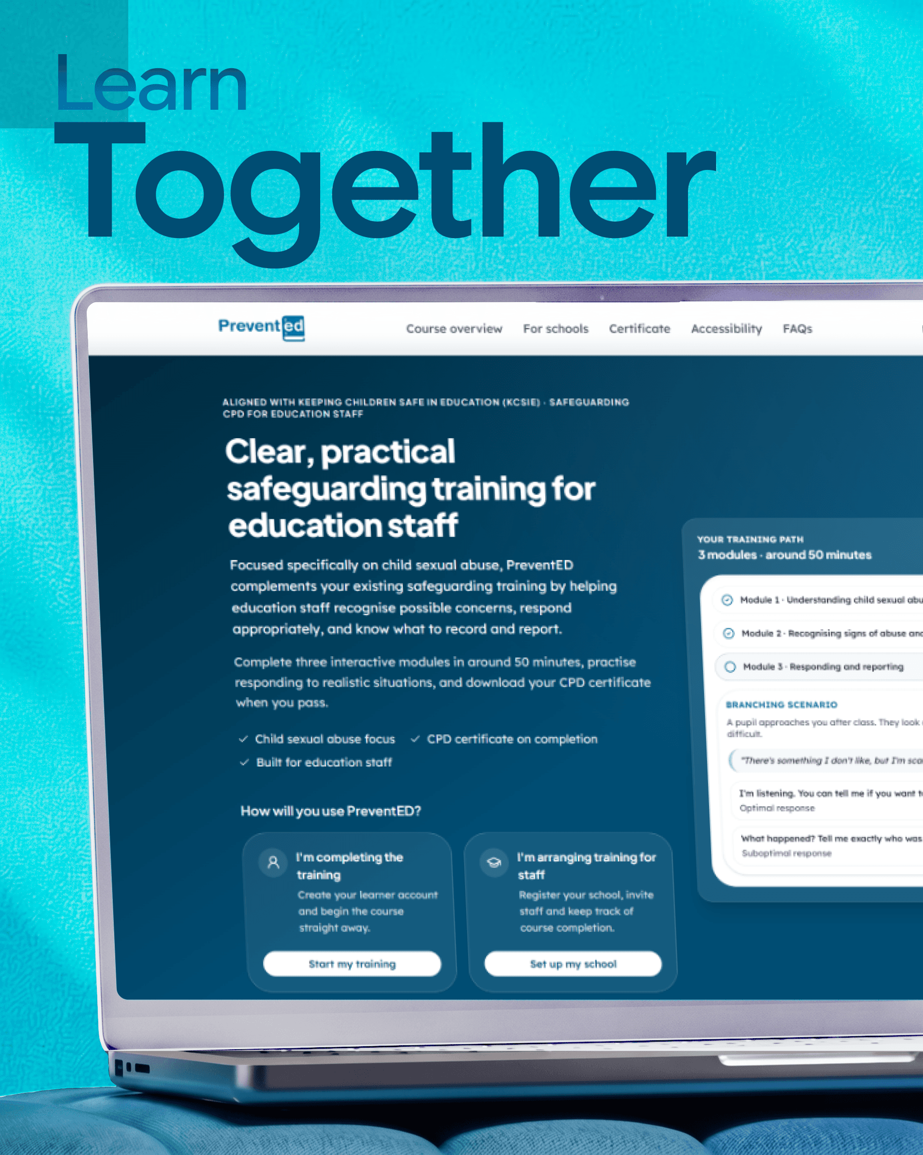 PreventED landing page on a laptop showing safeguarding training CTAs for individual learners and schools