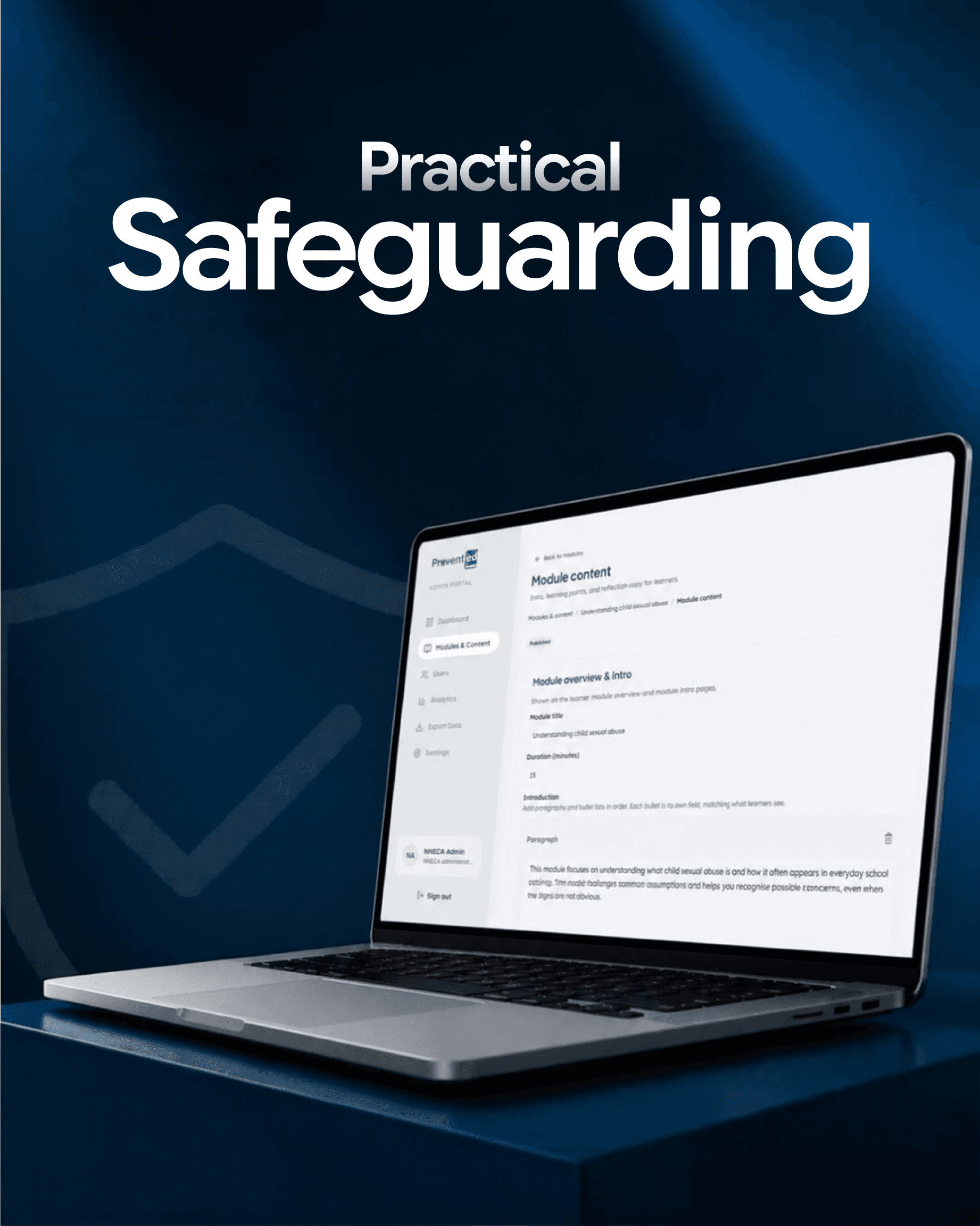 PreventED admin portal module content editor for Understanding child sexual abuse