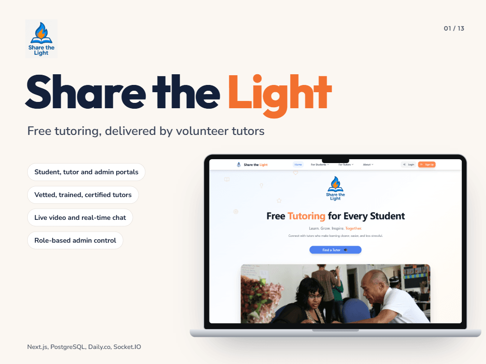 Share the Light marketing homepage on a laptop with free tutoring headline and Find a Tutor call to action