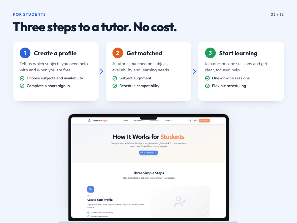 Share the Light student portal booking and learning surfaces for finding tutors